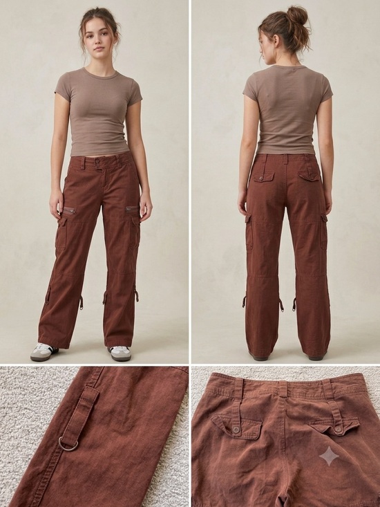 Pants - Y2K Vintage Brown Cargo Pants Low Rise Utility Multi Pocket Straps L
